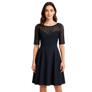 Boden Navy Fit &‎ Flare Dress Women’s Size 6R Crochet Bodice V-Back NWT